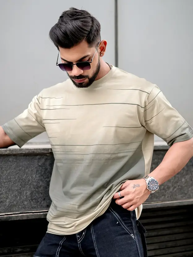 Men Printed Round Neck Pure Cotton Beige T-Shirt