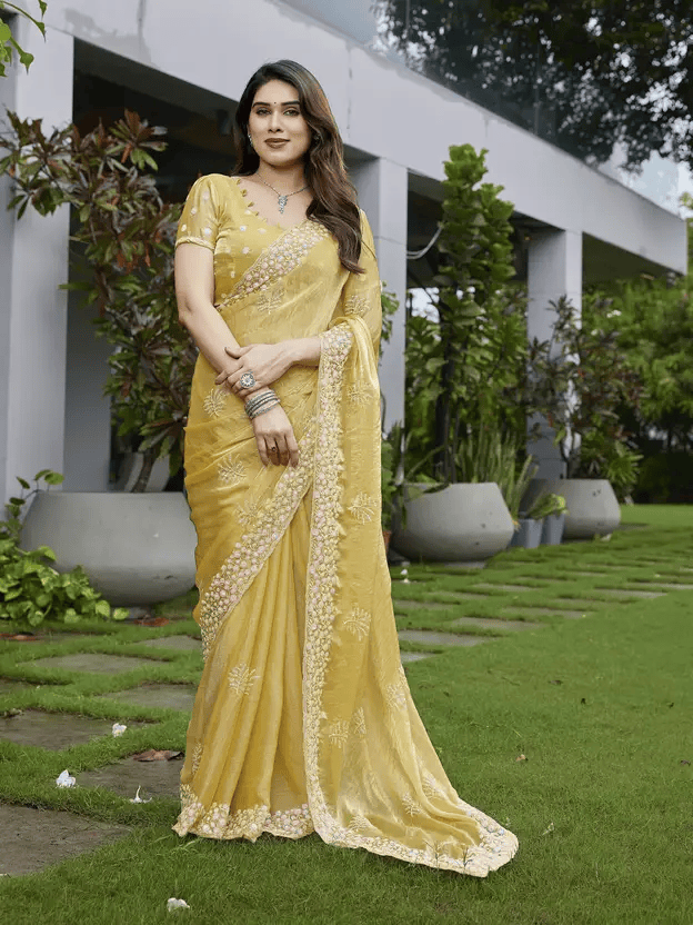 Embroidered Bollywood Chiffon Saree  (Yellow)