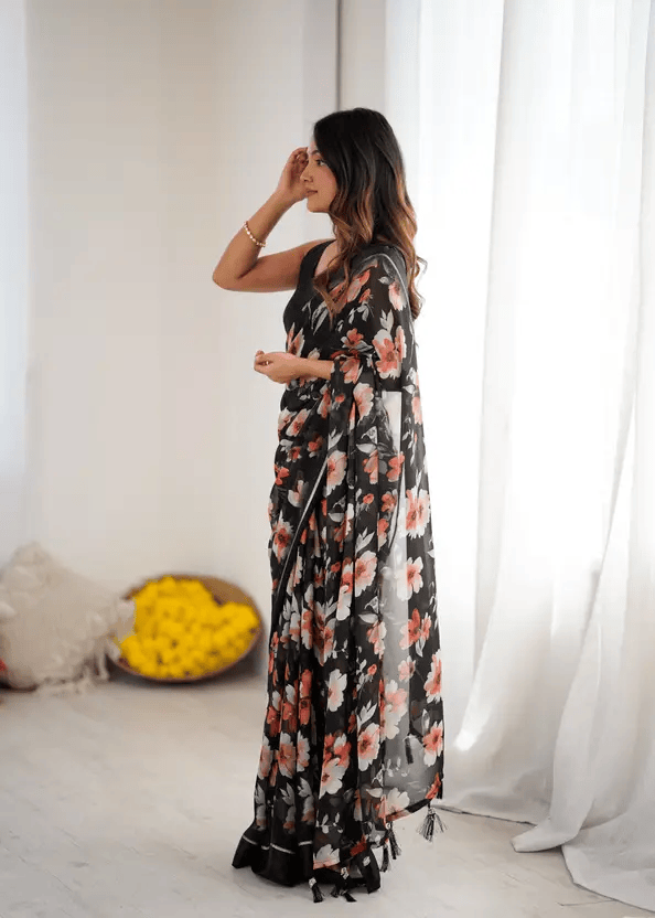 Printed Bollywood Satin Saree  (Black)