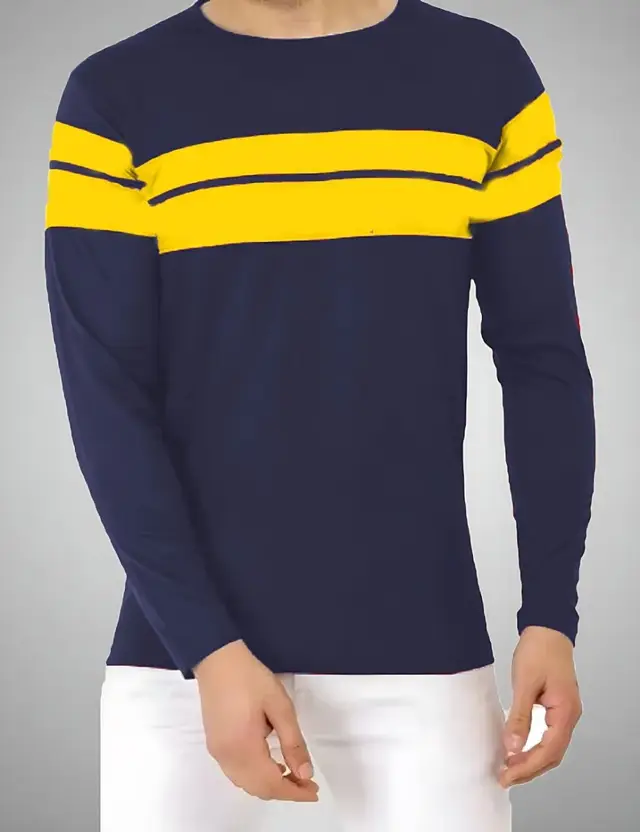 Men Striped Round Neck Cotton Blend Navy Blue T-Shirt