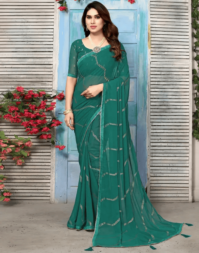 Printed, Temple Border Bollywood Georgette Saree  (Green)