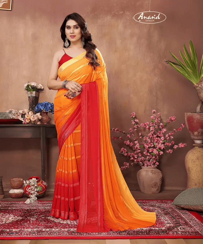 Embellished, Self Design, Ombre, Dyed Bollywood Satin Saree  (Red, Orange)
